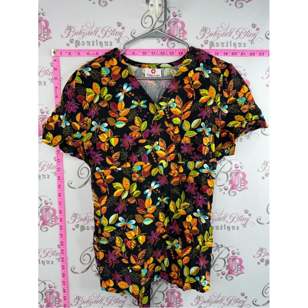 White Cross scrub T-shirt Black Floral Tie-back shirt Blouse  Multicolor flowers